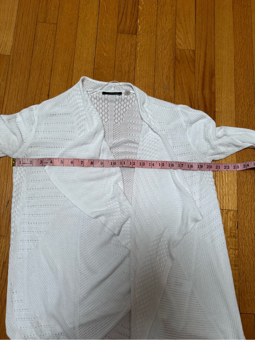 T Tahari White Pointelle Open Front Draped Waterfall Cardigan Knit Sweater L - Picture 12 of 12